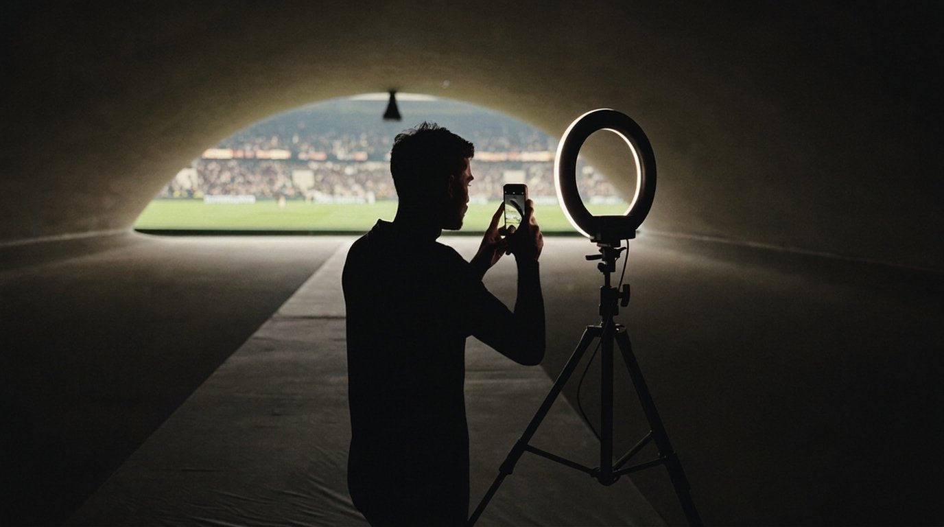 Athlete shooting smartphone content with a ring light in the stadium tunnel