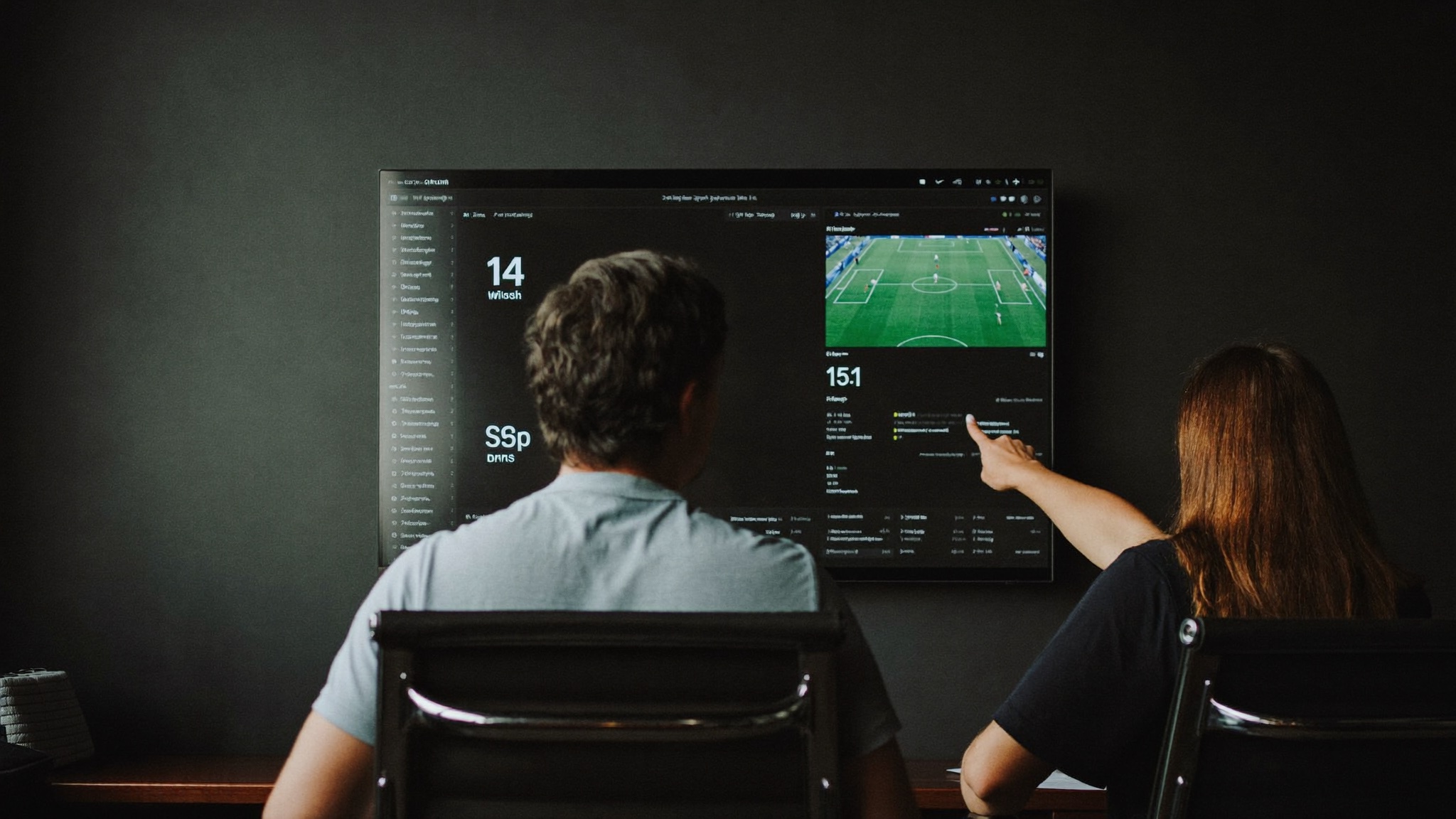 Two people analysing a live sports dashboard together on a large screen